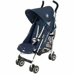 a blue stroller with black wheels and white trims on it's sides