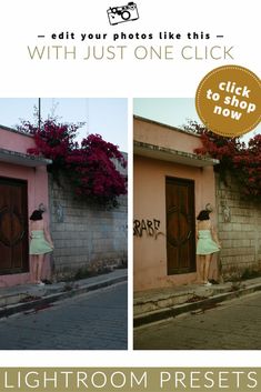 the lightroom presets for photoshopping with just one click button, and an image of a woman standing in front of a door