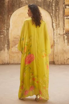 Lime yellow habutai kaftan with floral print and sequins and beaded embroidery. Comes with a shantoon inner. - Aza Fashions Yellow Bollywood Style Floral Kurta, Yellow Silk Floral Print Sets, Yellow Silk Sets With Floral Print, Yellow Floral Print Silk Sets, Traditional Yellow Kaftan With Floral Print, Festive Yellow Kaftan With Printed Motifs, Yellow Floral Print Kurta, Yellow Floral Print Chanderi Sets, Yellow Printed Georgette Dresses