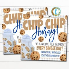 two coupons for a cookie shop with chocolate chip cookies on the front and back