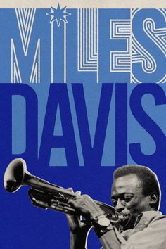 miles davis playing the trumpet in front of a blue background with stars and words on it