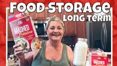 a woman holding a box of mashed potatoes and a jar of mashed potatoes