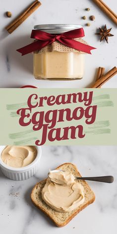 an eggnog jam in a jar with cinnamon sticks around it