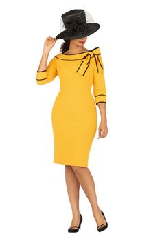 Giovanna D1662 1 piece Sheath Dress Colors: Mustard Gold Sizes: 8, 10, 12, 14, 16, 18, 20, 22 Luxury Women's Mustard Dress, Fitted Mustard Dress For Daywear, Yellow Knee-length Office Dress, Yellow Button-up Dress For Daywear, Boat Neck Design, Mid-century Yellow Fitted Dress, Dress Colors, Denim Maxi Dress, Boat Neck Dress