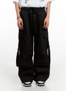 mens-cargo-chic-cotton-wide-leg-pants-black-ig402 / Black Black Full-length Cargo Pants With Pockets, Black Full Length Cargo Pants With Pockets, Black Straight Leg Techwear Cargo Pants, Black Techwear Cargo Pants Straight Leg, Black Utility Pants For Streetwear, Black Parachute Pants For Streetwear, Black Full-length Parachute Pants For Streetwear, Black Cotton Parachute Pants With Multiple Pockets, Black Straight Leg Parachute Pants With Belt Loops