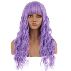 RightOn 23" Purple Wig Long Curly Wig with Bangs Synthetic Wig Women Girls Lavender Wigs with Wefted/Rose Wig Cap. About this item: Cap Size: About 22.5 Inches with Adjustable Straps, 2 adjustable straps could help you adjust the wig cap size less or more for about 1-1.5 inches. Specification: Length: 23 Inches Approx, Weight: 230g Approx, Texture: Long Curly Wig. Wig Type: 100% KANEKALON heat resistant synthetic fiber, Eco-friendly dyestuff are used when produce the wig, which makes the wig loo Lavender Wigs, Purple Wig With Bangs, Rose Wig, Purple Wigs, Purple Wig, Wigs Synthetic, Long Curly Wig, Wig With Bangs, Curly Wig