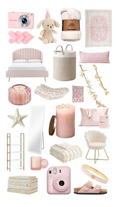 a collage of pink and white items including a bed, chair, mirror, camera, candles, rugs and more