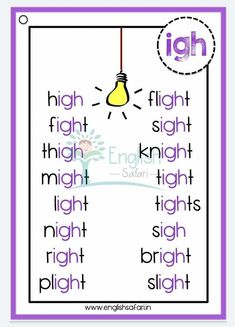 an english flash card with the words high, light, and bright in purple letters