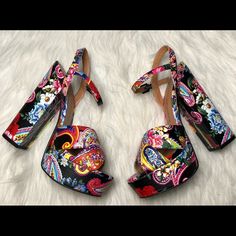 Nwot Chinese Laundry Paisley Floral Multi Color Platform Heels,Size-37.5(Us-7),Heels Approx-6 1/8”/Platform Approx-1.5” On Front Side,Cute And 70’s Like Look,Very Stable Bec Of Platform And Stacked Heel,Smoke Free Home,Please Ask Any ?’S U May Have Before Purchasing. Multicolor Closed Toe Heels With Floral Print, Multicolor Floral Print Heels With Round Toe, Multicolor Floral Print High Heels, Chic Fabric Heels With Floral Print, Chic Floral Print Fabric Heels, Formal Block Heels With Floral Print, Trendy Floral Print Heels With Round Toe, Multicolor Floral Print Heels For Formal Occasions, Trendy Floral Print High Heels