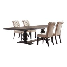 a dining room table and chairs with white upholstered backrests on each side