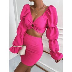 New Shein Bae Cut Out Gathered Sleeve Flounce Cuff Crop Top & Bodycon Skirt Size S Color Hot Pink Description Color: Hot Pink Style: Sexy Pattern Type: Plain Details: Ruffle, Cut Out, Criss Cross, Tie Back Neckline: Sweetheart Top Type: Women Tops Bottom Type: Skirt Sleeve Length: Long Sleeve Sleeve Type: Flounce Sleeve Fit Type: Slim Fit Barbie Vibes Fabric: Non-Stretch Material: Fabric Composition: 100% Polyester New Still In Plastic Packaging. Offers Welcome! Cute Pink Outfits, Outfit Inspiration Women, Shopping Wishlist, Female Celebrity Fashion, Matching Sets Outfit, Looks Party, Shein Dress, Bodycon Skirt, Cropped Tops