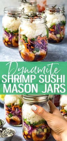 homemade shrimp sushi mason jars with rice and vegetables in them are ready to be eaten