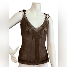 Max Studio Special Edition Brown Stretch Mesh Camisole, Sz. S, New With Tags. This Beautiful And Delicate Is Made Of Mesh With Woven Flower Designs Around The Edges And Down The Front Elegant Fitted Tank Top With Wide Straps, Spring Fitted Camisole With Wide Straps, Fitted V-neck Top With Adjustable Straps, Fitted V-neck Camisole With Straps, Max Studio, Women's Intimates, Flower Designs, Mesh, Tags