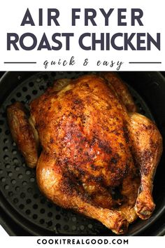 air fryer roast chicken in a skillet with text overlay