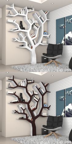 three different views of a living room with a tree on the wall