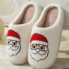 These Adorable Slippers Feature Santa Claus On A White Slipper. They Are So Cute And Comfortable! Perfect As A Gift! Keep Your Feet Nice And Toasty This Winter! Wear Them For Holiday Family Photos!! Please See Photos For More Details And Size Guide Christmas Slippers Red, Casual Christmas Slippers With Round Toe, Embroidered Slippers, Funny Christmas Tree, Crafty Fox, Cozy Wear, Christmas Slippers, Christmas Graphic, Jolly Santa