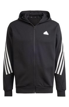 Sporty 3-Stripes branding lends Adidas' classic charm to this zip-up hoodie cut from a blend of cotton and renewable fabric. Front zip closure Fixed hood Long sleeves Ribbed cuffs and hem 64% cotton, 36% recycled polyester Machine wash, tumble dry Imported Black Sportswear, Adidas Classic, Adidas Hoodie, Adidas Sportswear, Sweaters And Leggings, Tracksuit Bottoms, Adidas Performance, Zip Sweater, Sporty Style