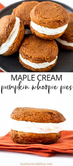 maple cream pumpkin whoopie pies on a black plate with text overlay