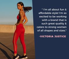 a woman in red sports bra top and matching leggings with victoria justice quote