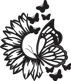 a butterfly with wings flying through the air, surrounded by butterflies in black and white