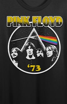 Online only! Rock out in style with this Pink Floyd crop t-shirt. The shirt features an image of four band members in front of the Dark Side of the Moon album artwork while the number 73 appears in yellow at the bottom of the image. Yellow letters above the image spell out the group's name. The tee comes in a black short-sleeved crop top. Fans of the Pink Floyd rock group will love this comfy crop tee.


	Solid color tee
	Short sleeves
	Crew neckline
	Front graphic
	Cropped lenghth
	Machine washable Yellow Letters, Album Artwork, Dark Side Of The Moon, Rock Groups, Band Members, Crop T Shirt, Top Graphic Tees, Cropped T Shirt, Crop Tshirt