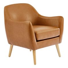 a brown leather chair with wooden legs