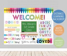 a classroom poster with the words welcome written on it and colorful crayons around it