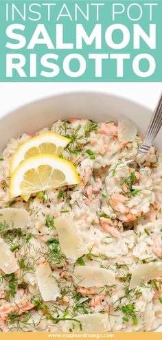 a white bowl filled with risotto and lemon wedges