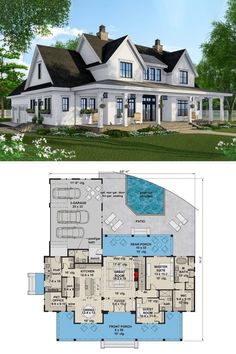 two story house plans with an open floor plan, and a pool in the middle