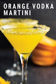 the orange vodka martini is garnished with sugar