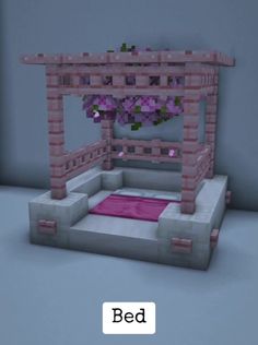 a bed made out of blocks and pink carpet