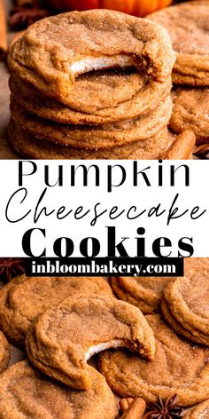 pumpkin cheesecake cookies stacked on top of each other with the words, pumpkin cheesecake cookies