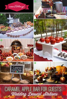 a collage of different pictures with apples and desserts on them, including an apple bar for guests