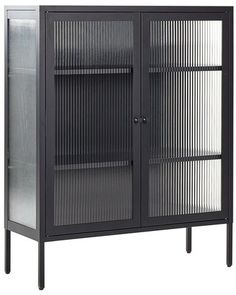 a black metal cabinet with glass doors