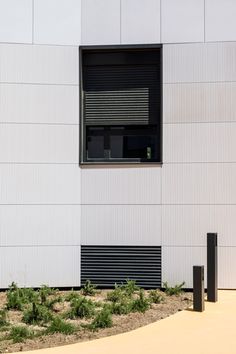 a black and white fire hydrant in front of a building with an open window