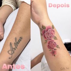 before and after photos of a woman's arm with roses tattooed on the side