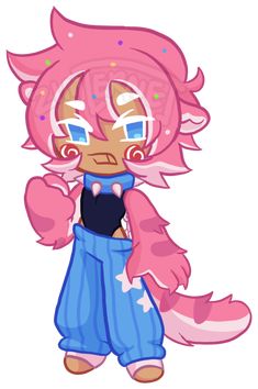 an animal girl with pink hair and blue pants