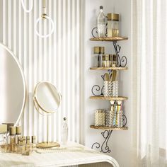 a bathroom with a mirror, shelf and other items on the wall next to it