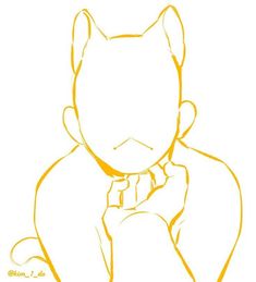 an orange line drawing of a cat wearing a collar and holding his hand to his chest