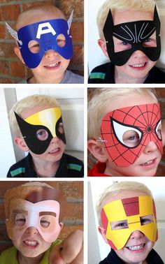 six children with masks on their faces in different styles and colors, all smiling for the camera