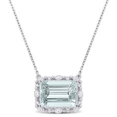 Present your loved one with this fantastic pendant necklace. Crafted in shinny 14k white gold, this pendant necklace features a 5ct emerald-shaped prong-set aquamarine gemstone adorn with a halo of alternating marquise and round diamonds. The diamonds are 5/8ctw, H or better in color and SI2 or better in clarity. This attractive necklace is hung on a 17 inch Singapore chain and is secured with a lobster Clasp Emerald Cut Platinum Necklace For Anniversary, Platinum Diamond Necklace With Gemstone, Gia Certified Silver Platinum Necklace, Gia Certified Sterling Silver Pendant Necklace, Gia Certified White Gold Necklaces, Elegant Gia Certified White Diamond Necklace, Gia Certified White Gold Necklace, Elegant White Gia Certified Diamond Necklace, Elegant White Gia-certified Diamond Necklace