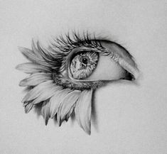 a pencil drawing of an eye with long eyelashes and a flower in the center is shown