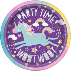 a party time paper plate with a unicorn on it