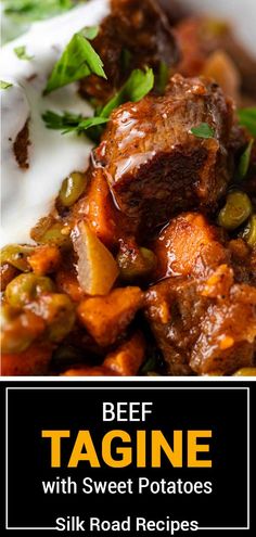 beef tagine with sweet potatoes, peas and sour cream