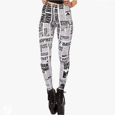 Women's High Waist Daily Newspaper Printed Ankle Elastic Tights Legging