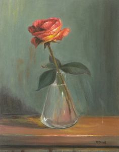 a painting of a single rose in a vase