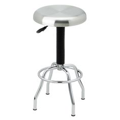 a chrome stool with a foot rest on the bottom and an adjustable seat, is shown