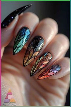 Take some time for self-care and indulge in a relaxing nail painting session. Experiment with different designs and techniques Winter Gel X Nail Designs, Chunky Glitter Nail Designs, Mystic Nail Art, Nails For Fall 2024, Mythical Nails, Ladylike Nails, Mystical Nail Designs, Smaugust 2024