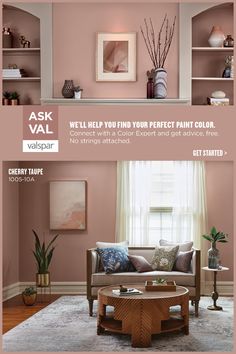 a living room with pink walls and furniture