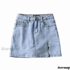 Bormay - Womens High-Waisted Split Hem Denim Mini Skirt Spring Slim Bottoms With Pockets, Slim Fit Denim Bottoms For Summer, Split Denim Skirt, Crop Top Dress, Wrap Around Skirt, Half Skirt, Plaid Blouse, Long Sleeve Short Dress, Denim Midi Skirt